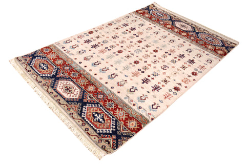 handmade Geometric Kurjean Beige Red Hand Knotted RECTANGLE 100% WOOL area rug 4x6