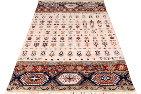 handmade Geometric Kurjean Beige Red Hand Knotted RECTANGLE 100% WOOL area rug 4x6