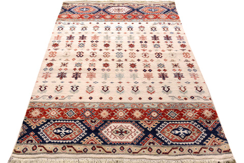 handmade Geometric Kurjean Beige Red Hand Knotted RECTANGLE 100% WOOL area rug 4x6