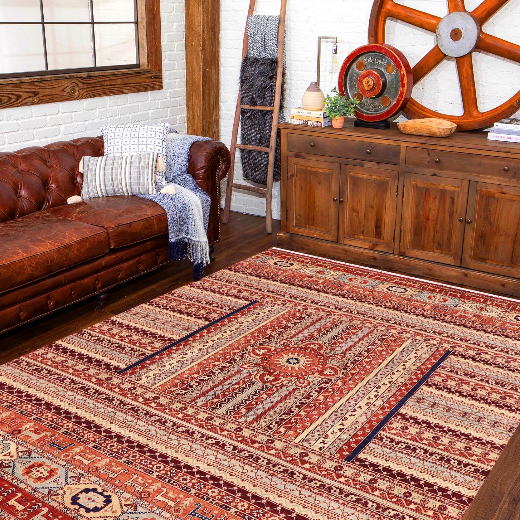 handmade Geometric Kurjean Burntorange Blue Hand Knotted RECTANGLE 100% WOOL area rug 9x12