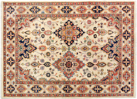 handmade Traditional Kafkaz Ivory Blue Hand Knotted RECTANGLE 100% WOOL area rug 5x7