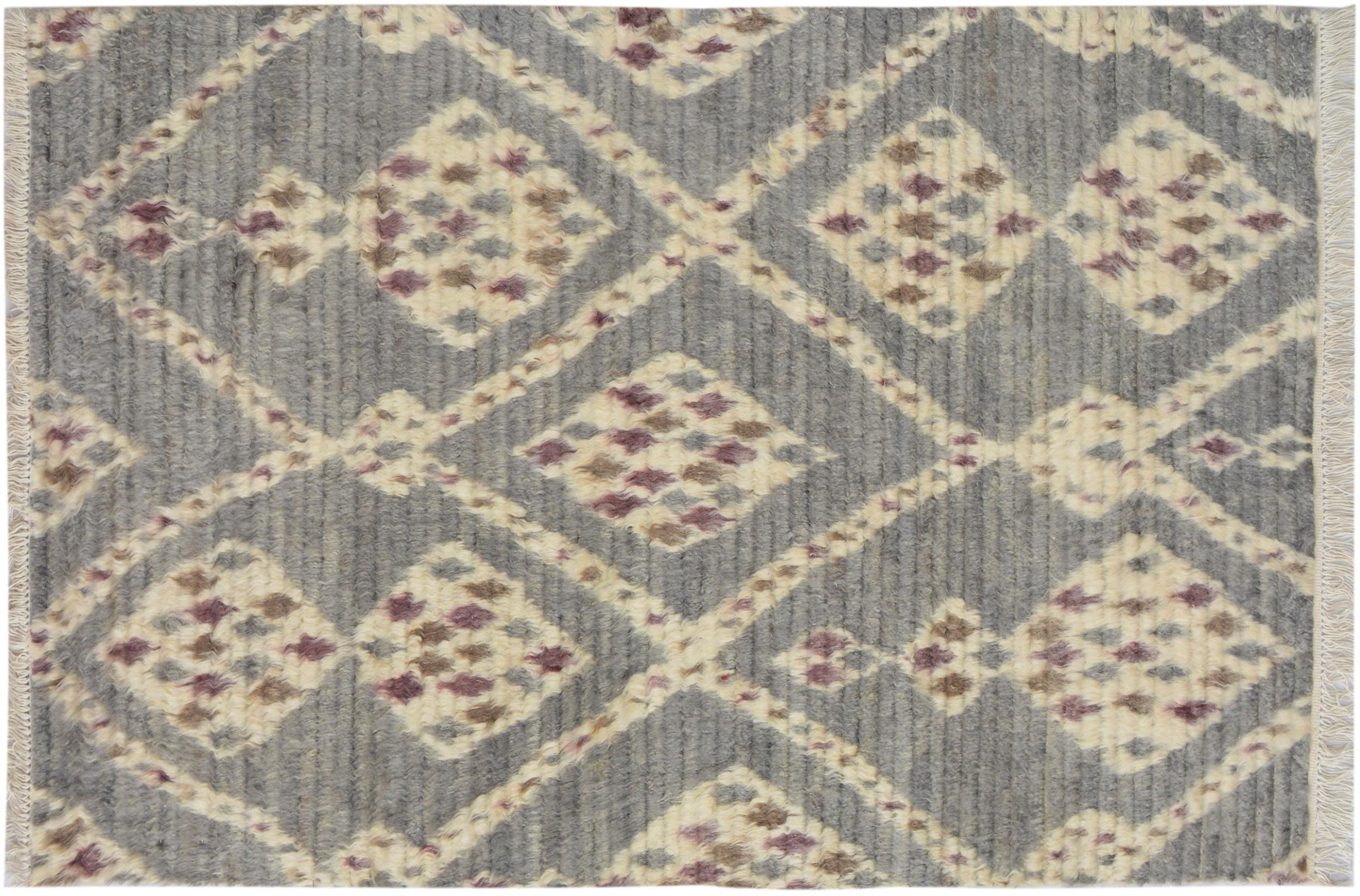 handmade Geometric Moroccan Gray Ivory Hand Knotted RECTANGLE 100% WOOL area rug 4' x 6'