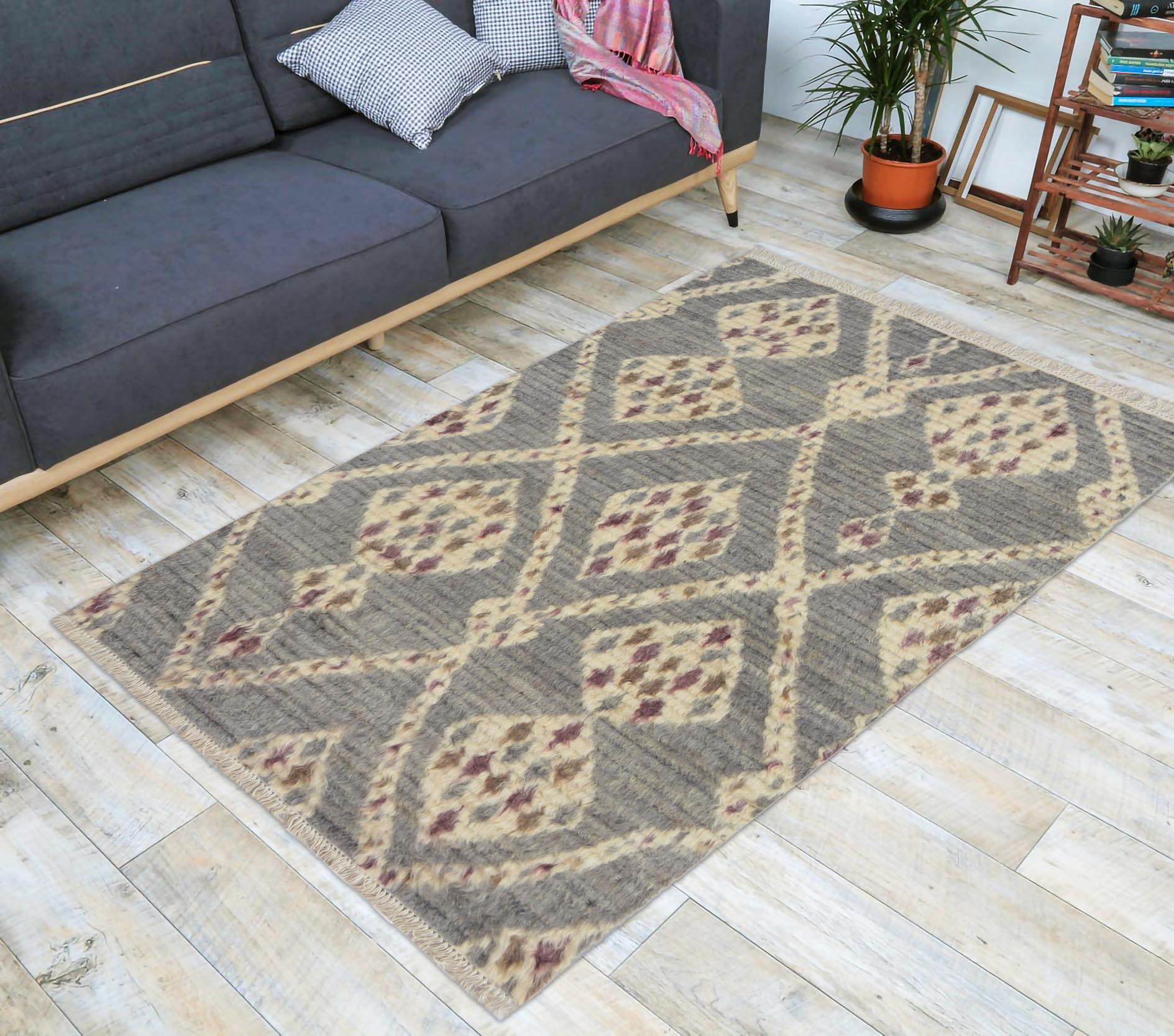 handmade Geometric Moroccan Gray Ivory Hand Knotted RECTANGLE 100% WOOL area rug 4' x 6'