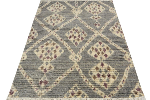 handmade Geometric Moroccan Gray Ivory Hand Knotted RECTANGLE 100% WOOL area rug 4' x 6'