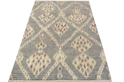 handmade Geometric Moroccan Gray Ivory Hand Knotted RECTANGLE 100% WOOL area rug 4' x 6'
