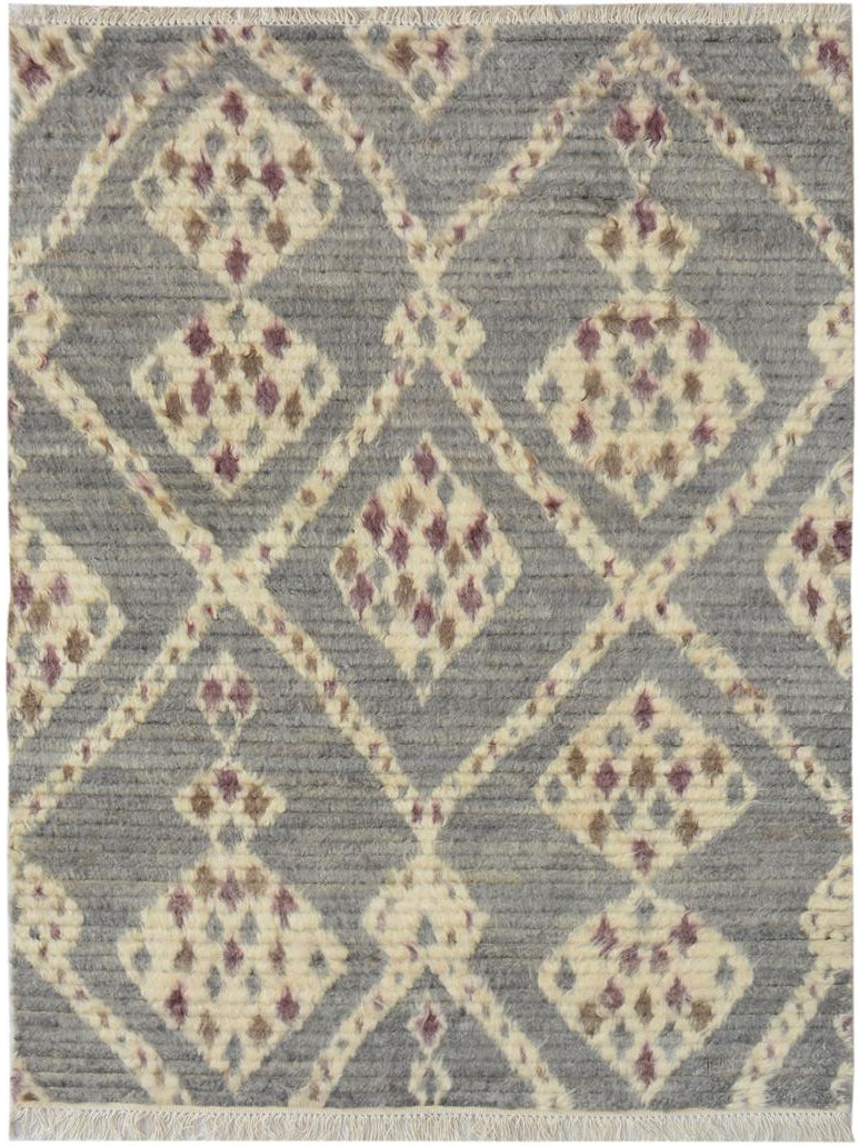 handmade Modern Moroccan Gray Ivory Hand Knotted RECTANGLE 100% WOOL area rug 4x6