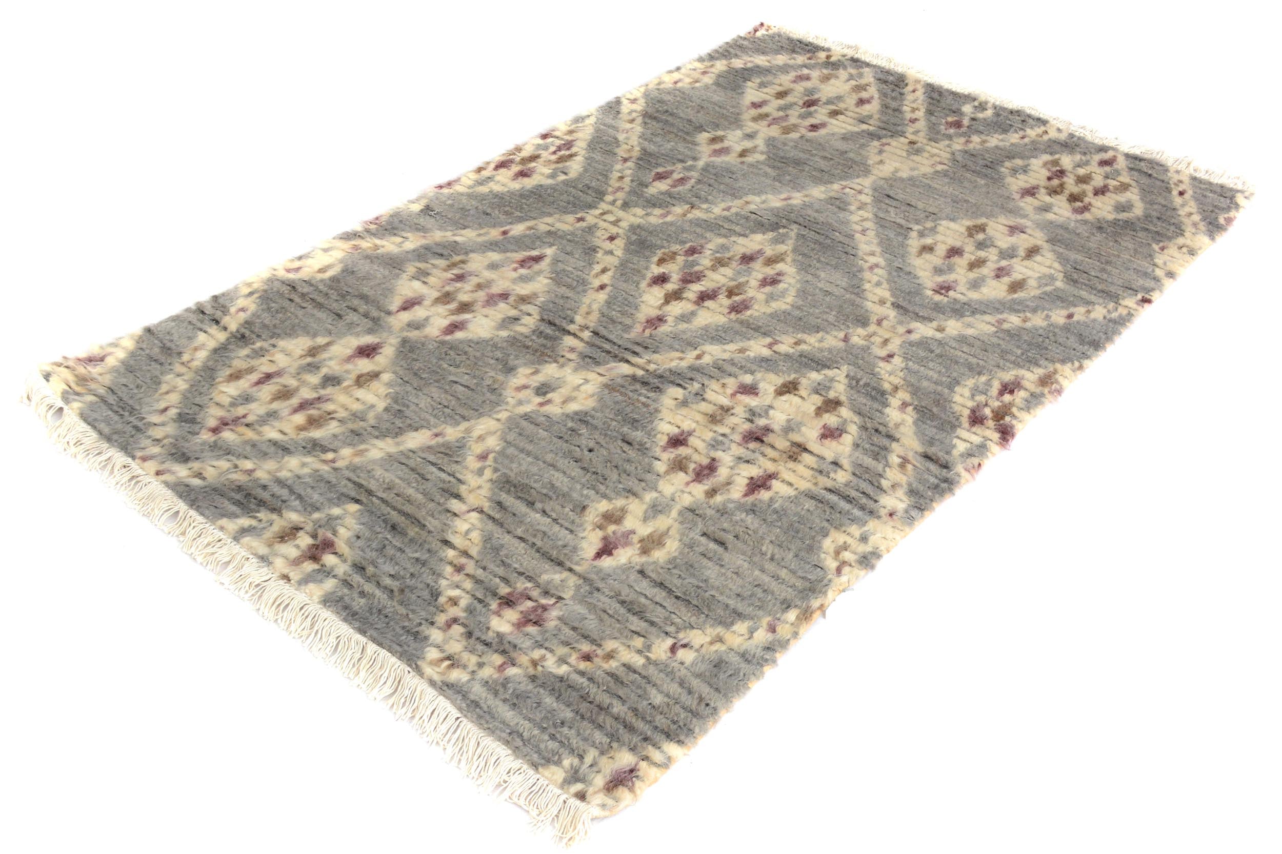 handmade Geometric Moroccan Gray Ivory Hand Knotted RECTANGLE 100% WOOL area rug 4' x 6'