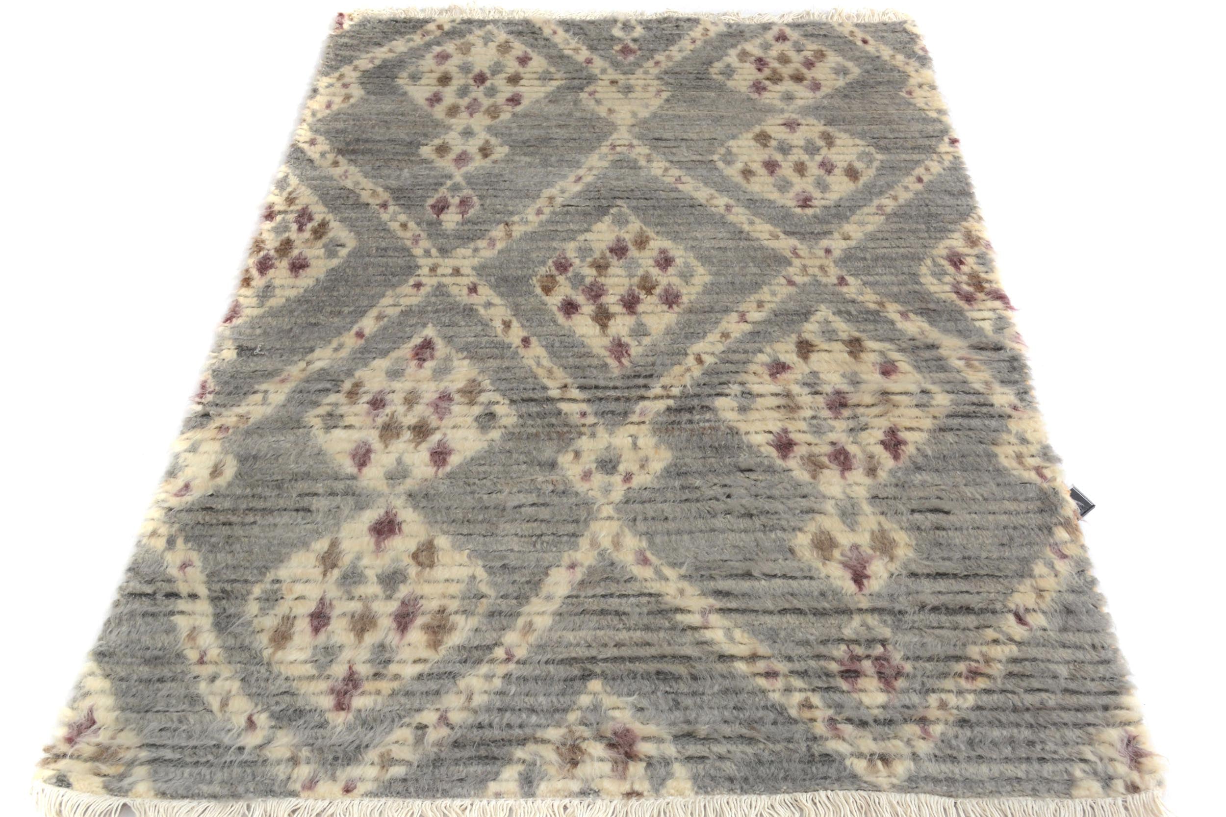 handmade Geometric Moroccan Gray Ivory Hand Knotted RECTANGLE 100% WOOL area rug 4' x 6'