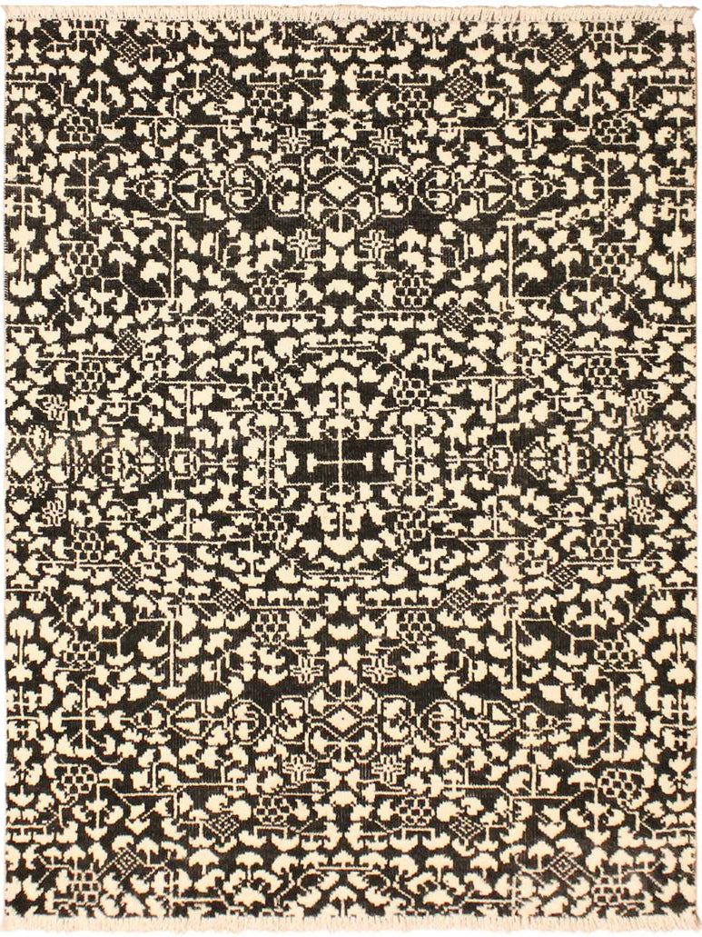 handmade Modern Ellie Black Ivory Hand Knotted RECTANGLE WOOL&SILK area rug 4x6