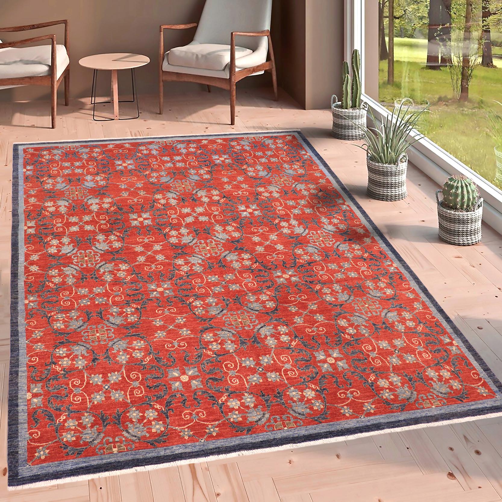 handmade Modern Kafkaz Rust Blue Hand Knotted RECTANGLE 100% WOOL area rug 8' x 10'