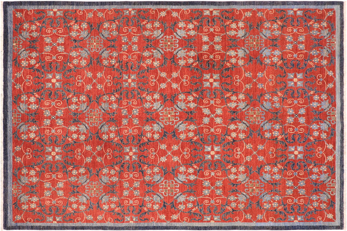 handmade Modern Kafkaz Rust Blue Hand Knotted RECTANGLE 100% WOOL area rug 8' x 10'