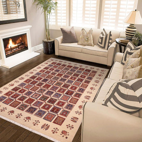 handmade Geometric Kurjean Ivory Lt. Gold Hand Knotted RECTANGLE 100% WOOL area rug 9x12