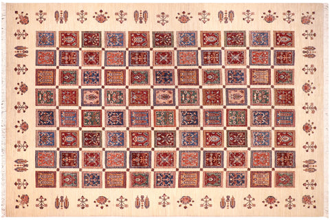 handmade Geometric Kurjean Ivory Lt. Gold Hand Knotted RECTANGLE 100% WOOL area rug 9x12