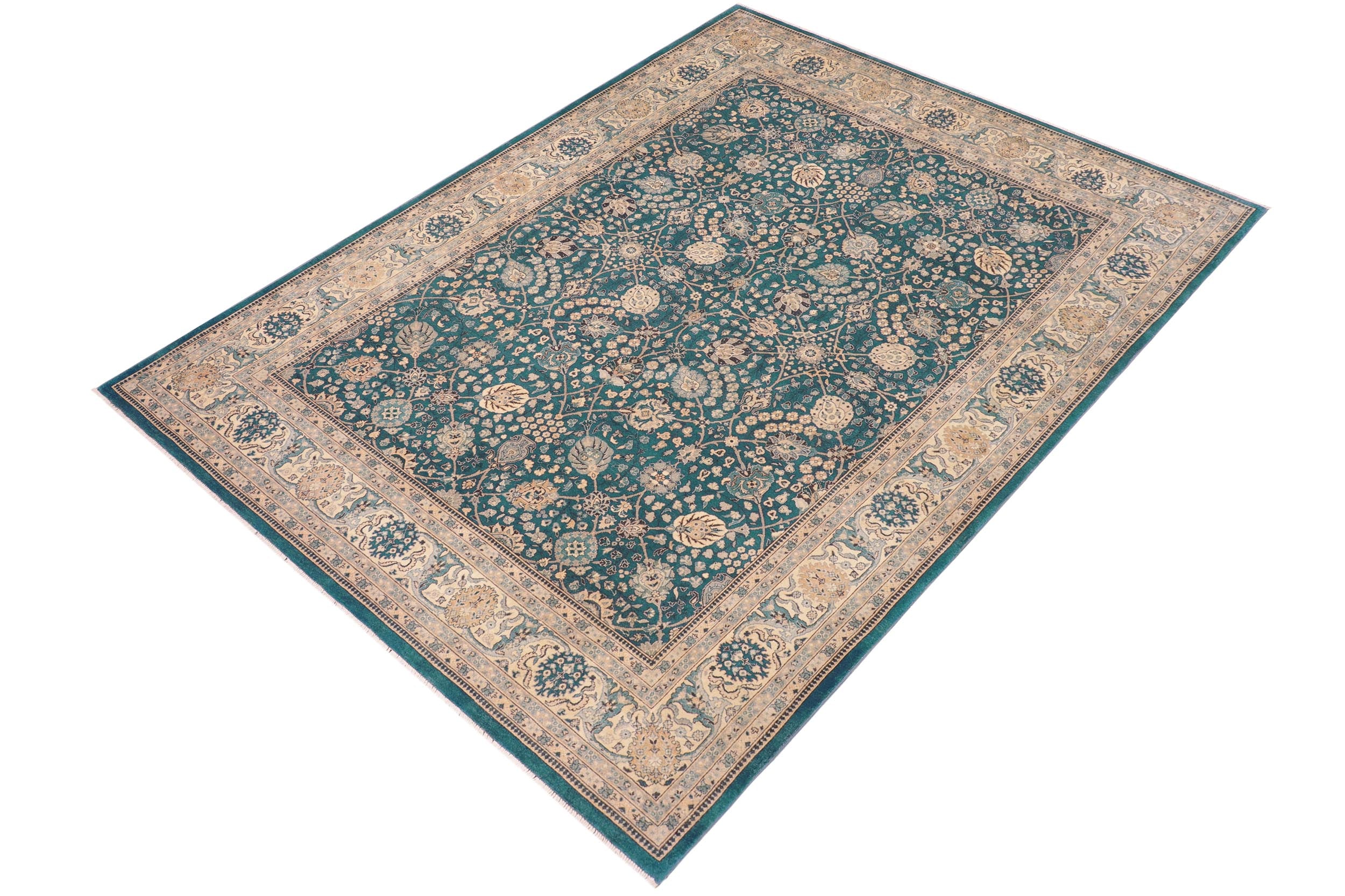 handmade Traditional Design Teal Blue Tan Hand Knotted RECTANGLE 100% WOOL area rug 8' x 10'