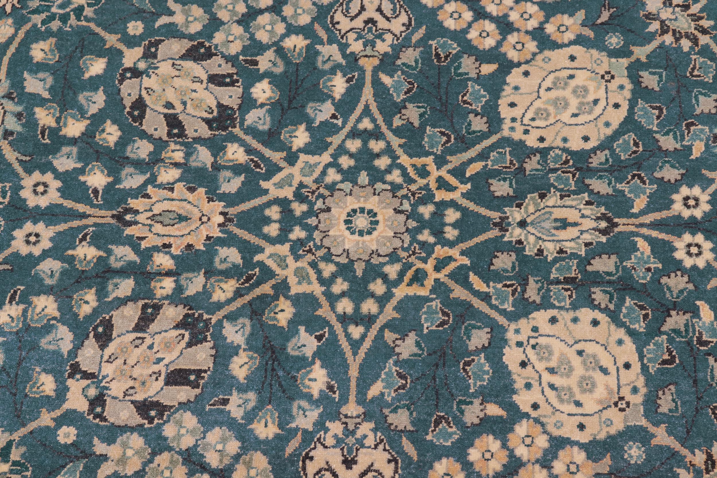 handmade Traditional Design Teal Blue Tan Hand Knotted RECTANGLE 100% WOOL area rug 8' x 10'