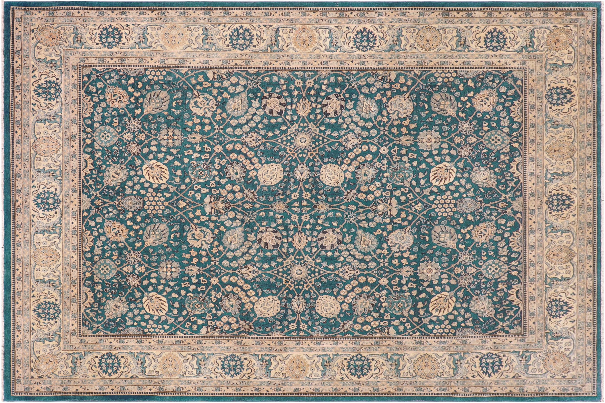 handmade Traditional Design Teal Blue Tan Hand Knotted RECTANGLE 100% WOOL area rug 8' x 10'