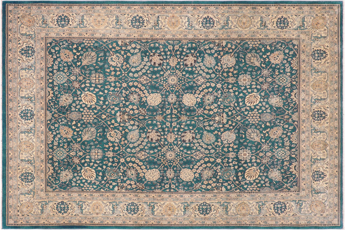 handmade Traditional Design Teal Blue Tan Hand Knotted RECTANGLE 100% WOOL area rug 8' x 10'