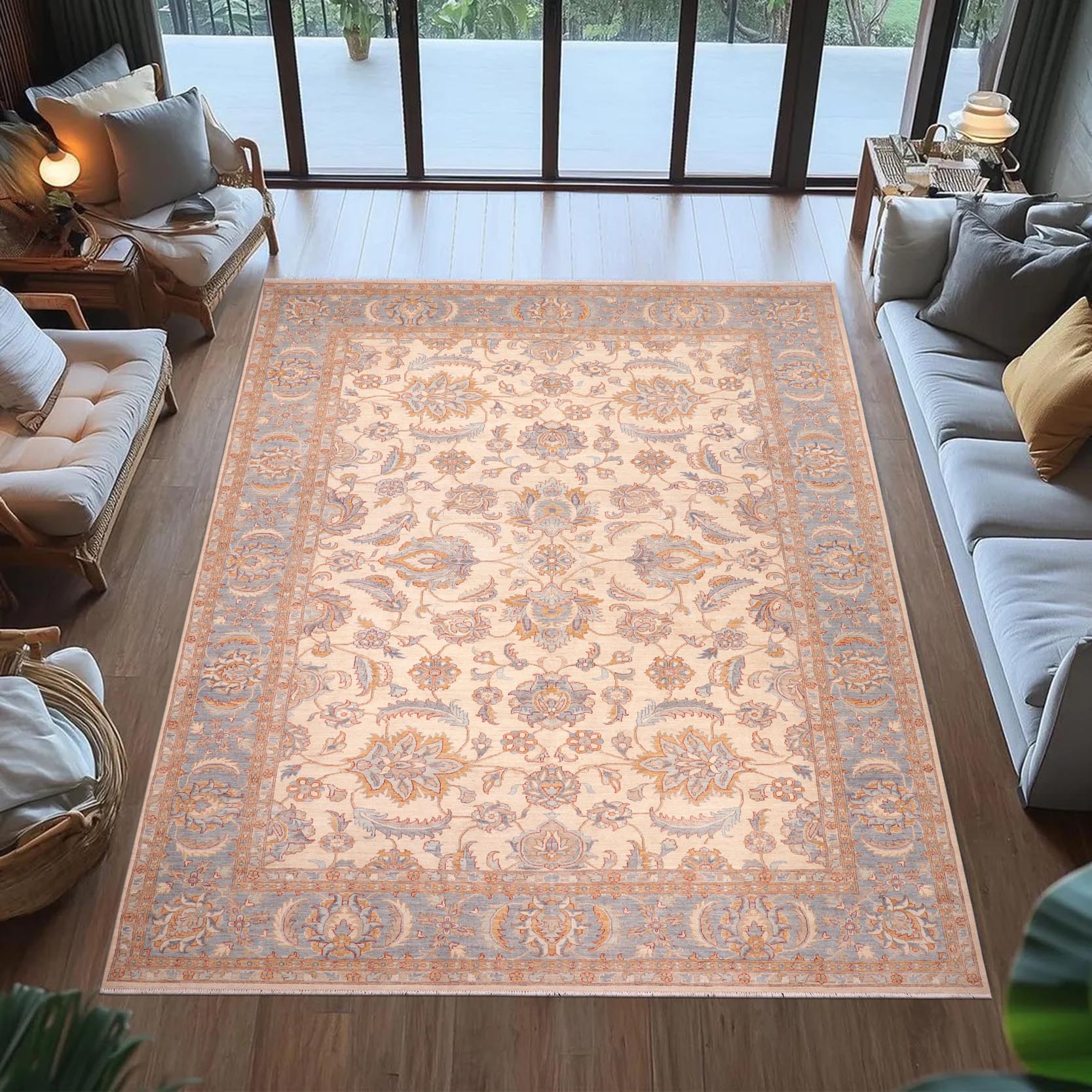 handmade Traditional Kafkaz Ivory Lt. Blue Hand Knotted RECTANGLE 100% WOOL area rug 10x14