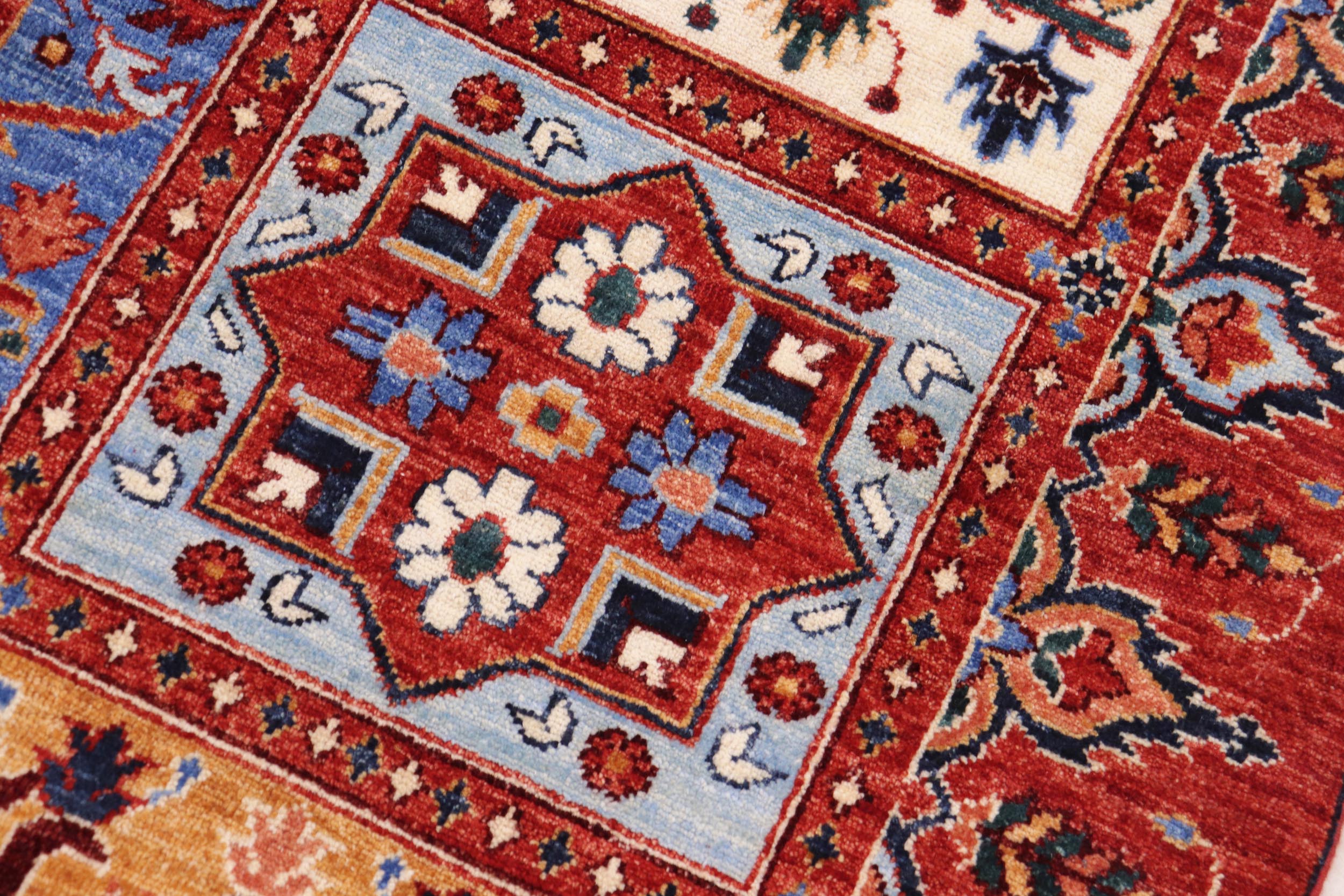 handmade Geometric Kafkaz Rust Blue Hand Knotted RECTANGLE 100% WOOL area rug 9' x 12'