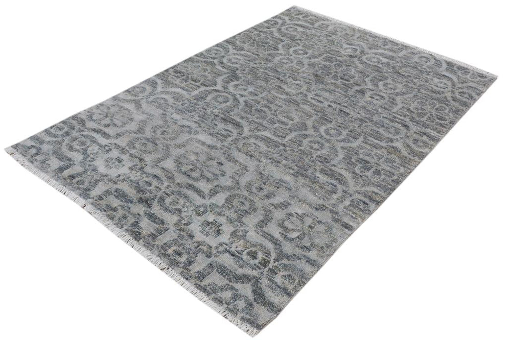handmade Modern Kafkaz Gray Gray Hand Knotted RECTANGLE WOOL&VISCOU area rug 4X6
