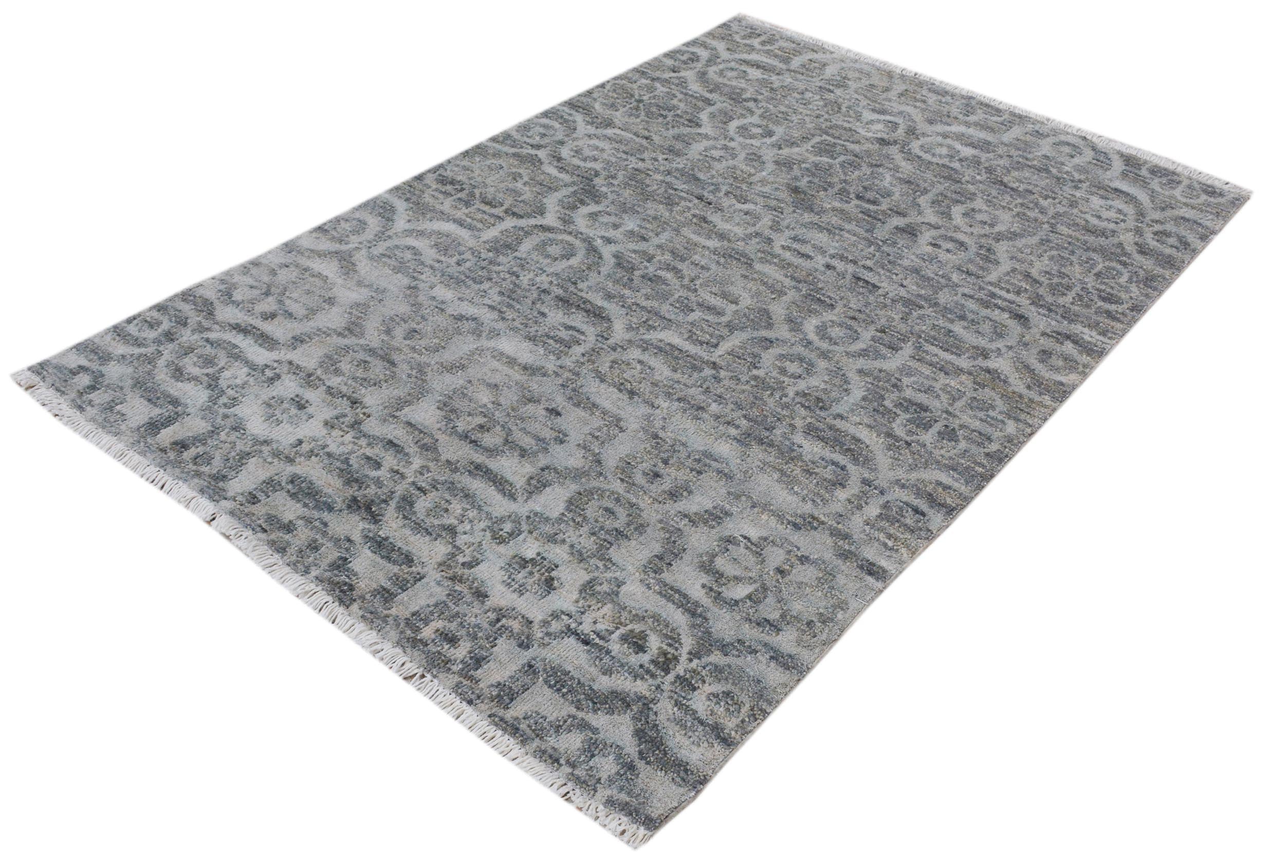 handmade Modern Kafkaz Gray Gray Hand Knotted RECTANGLE WOOL&VISCOU area rug 4' x 6'