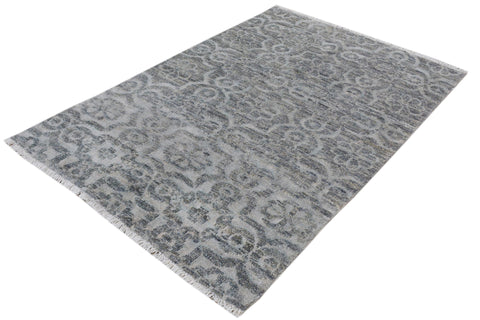 handmade Modern Kafkaz Gray Gray Hand Knotted RECTANGLE WOOL&VISCOU area rug 4' x 6'