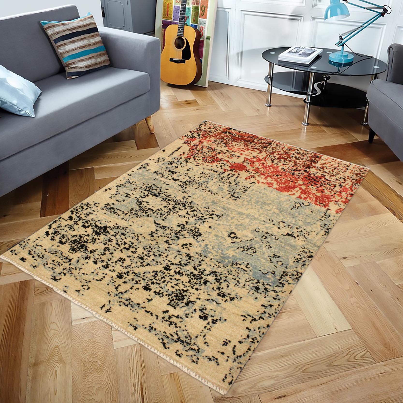 handmade Modern Abstract Blue Red Hand Knotted RECTANGLE 100% WOOL area rug 4' x 6'