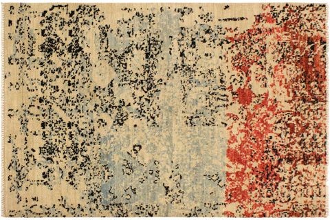 handmade Modern Abstract Blue Red Hand Knotted RECTANGLE 100% WOOL area rug 4' x 6'