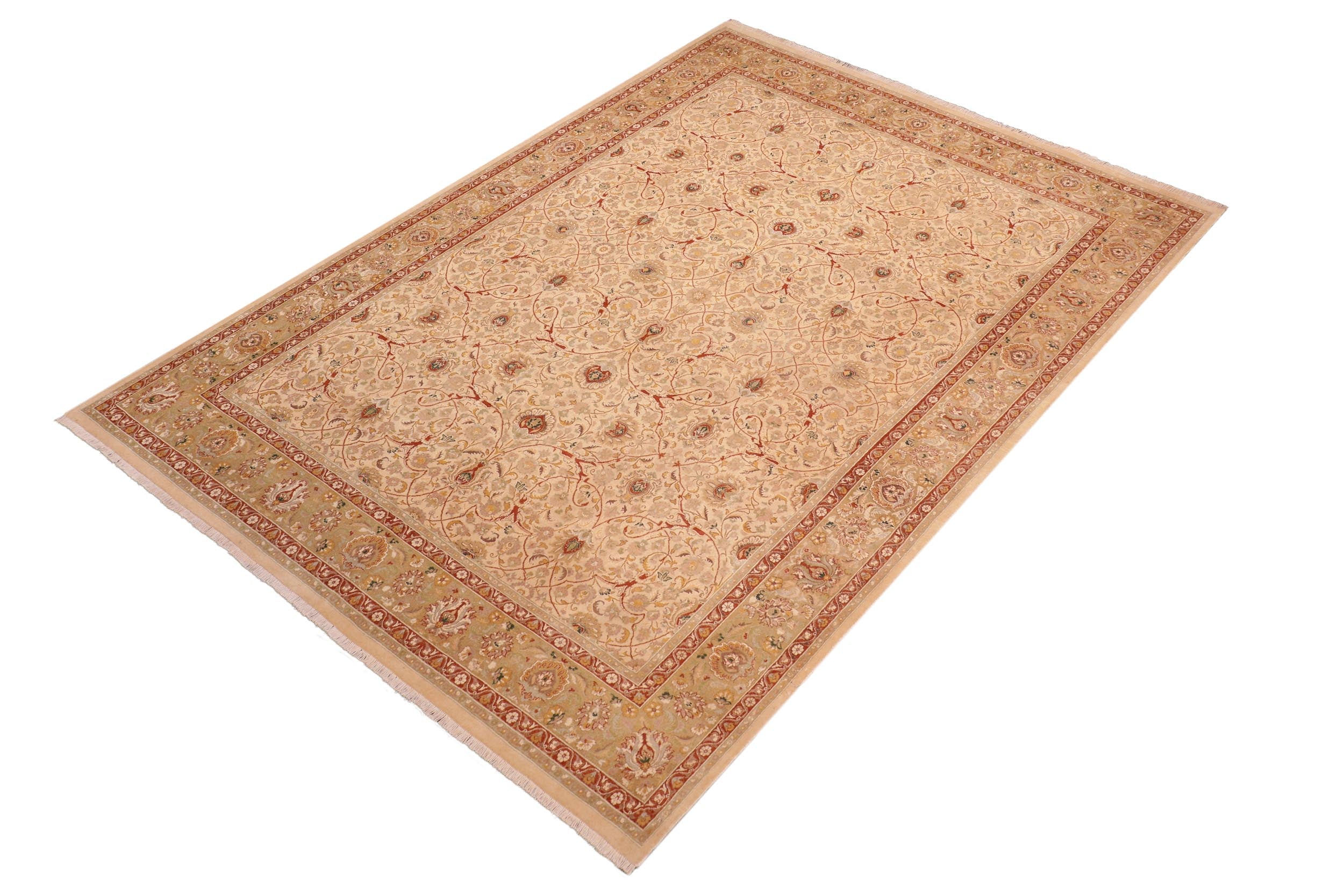 handmade Transitional Taj Ivory Lt. Green Hand Knotted RECTANGLE 100% WOOL area rug 8 x 10