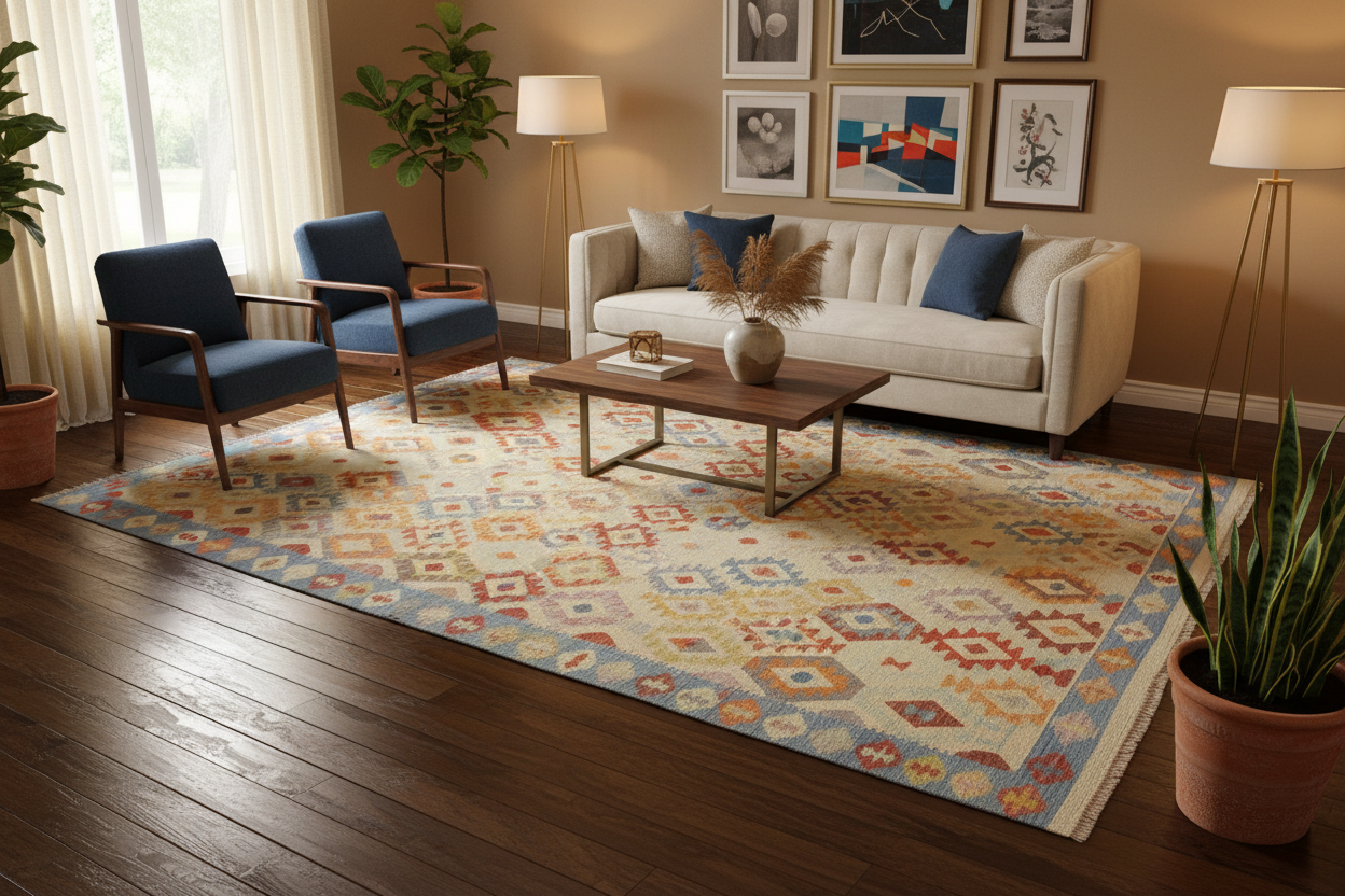 handmade Geometric Kilim Ivory Blue Hand-Woven RECTANGLE 100% WOOL area rug 7 x 10