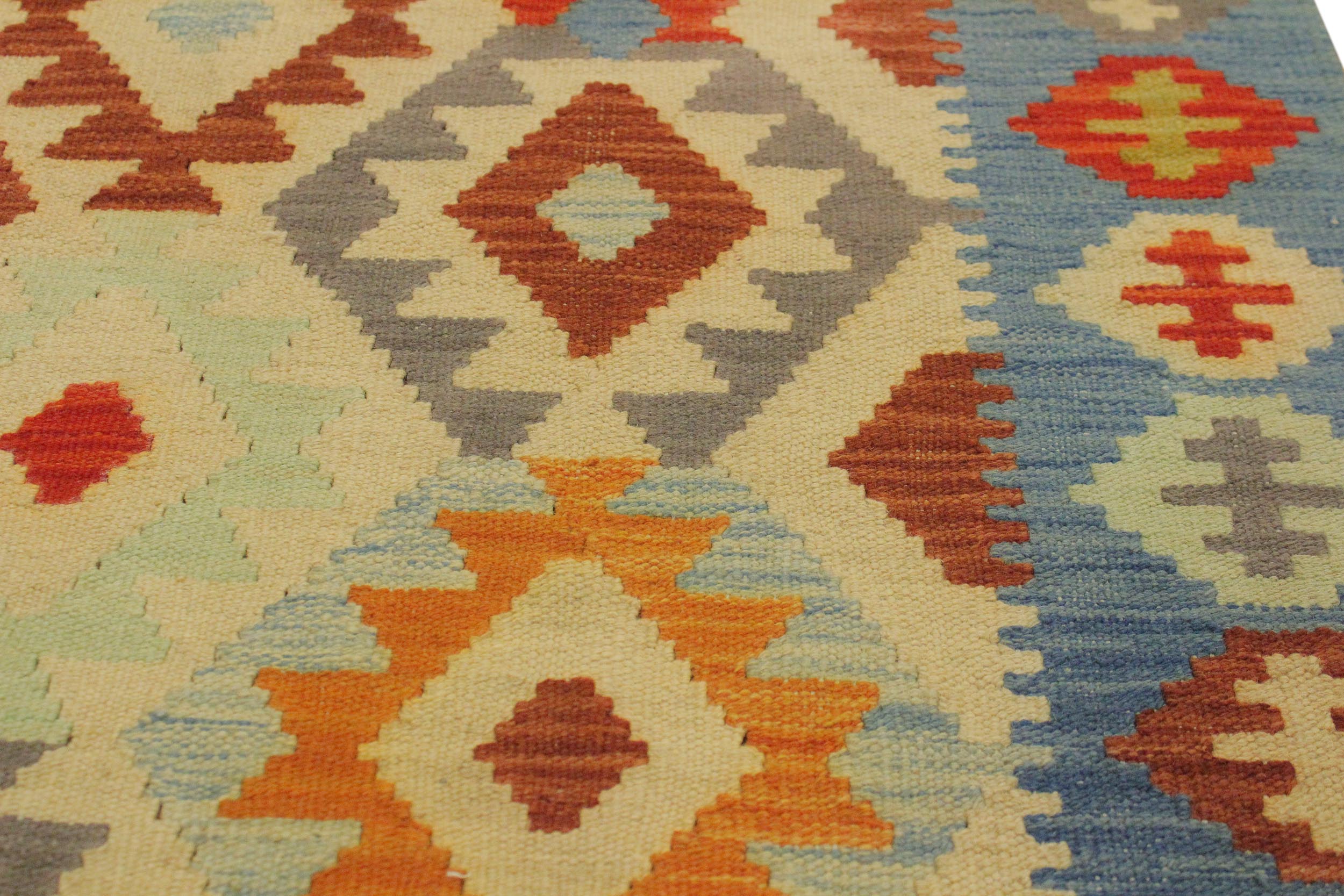 handmade Geometric Kilim Ivory Blue Hand-Woven RECTANGLE 100% WOOL area rug 7 x 10