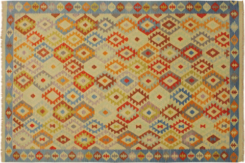 handmade Geometric Kilim Ivory Blue Hand-Woven RECTANGLE 100% WOOL area rug 7 x 10