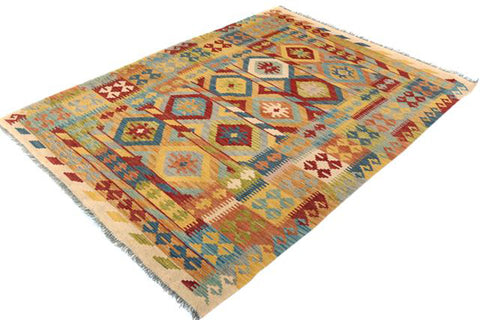 handmade Geometric Kilim Ivory Red Hand-Woven RECTANGLE 100% WOOL area rug 5 x 7