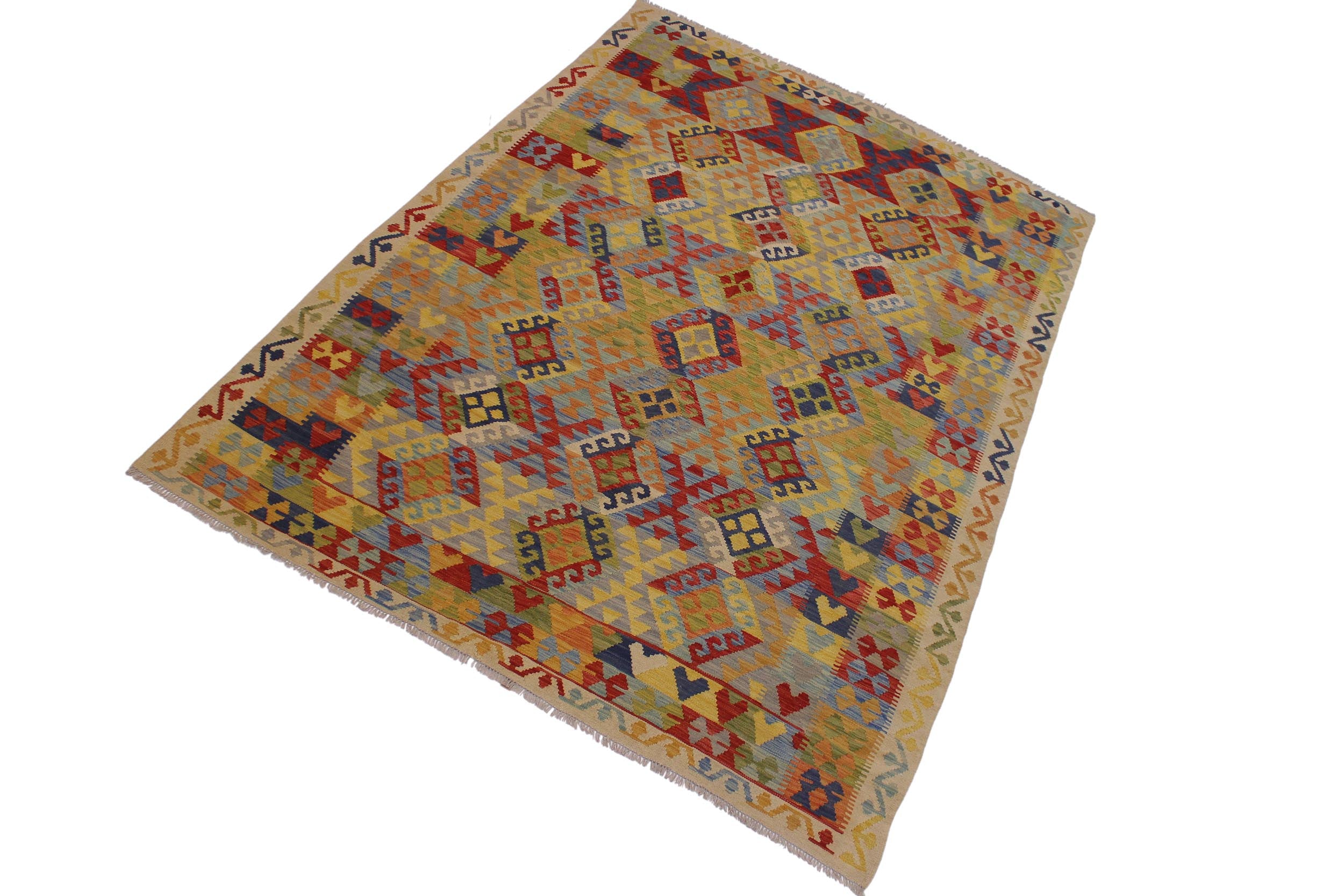 handmade Geometric Kilim Ivory Blue Hand-Woven RECTANGLE 100% WOOL area rug 7 x 10