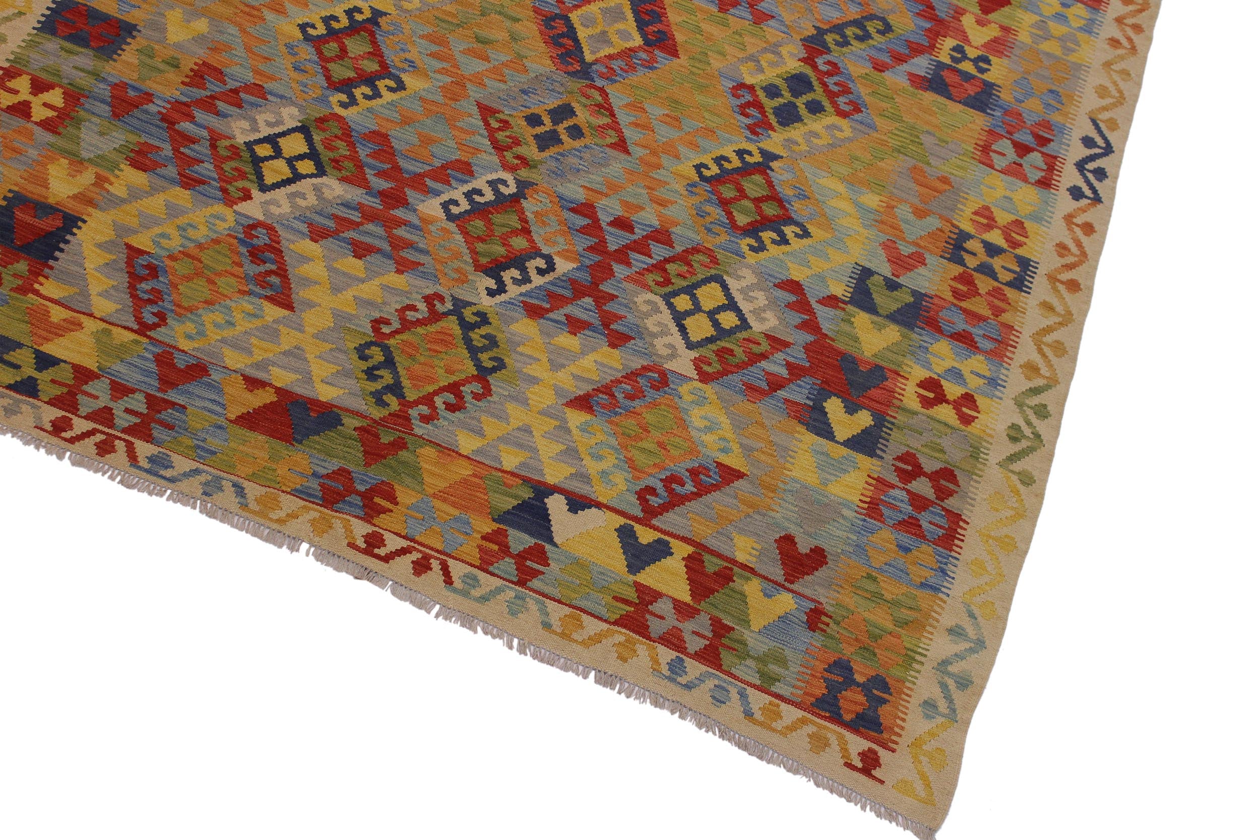 handmade Geometric Kilim Ivory Blue Hand-Woven RECTANGLE 100% WOOL area rug 7 x 10