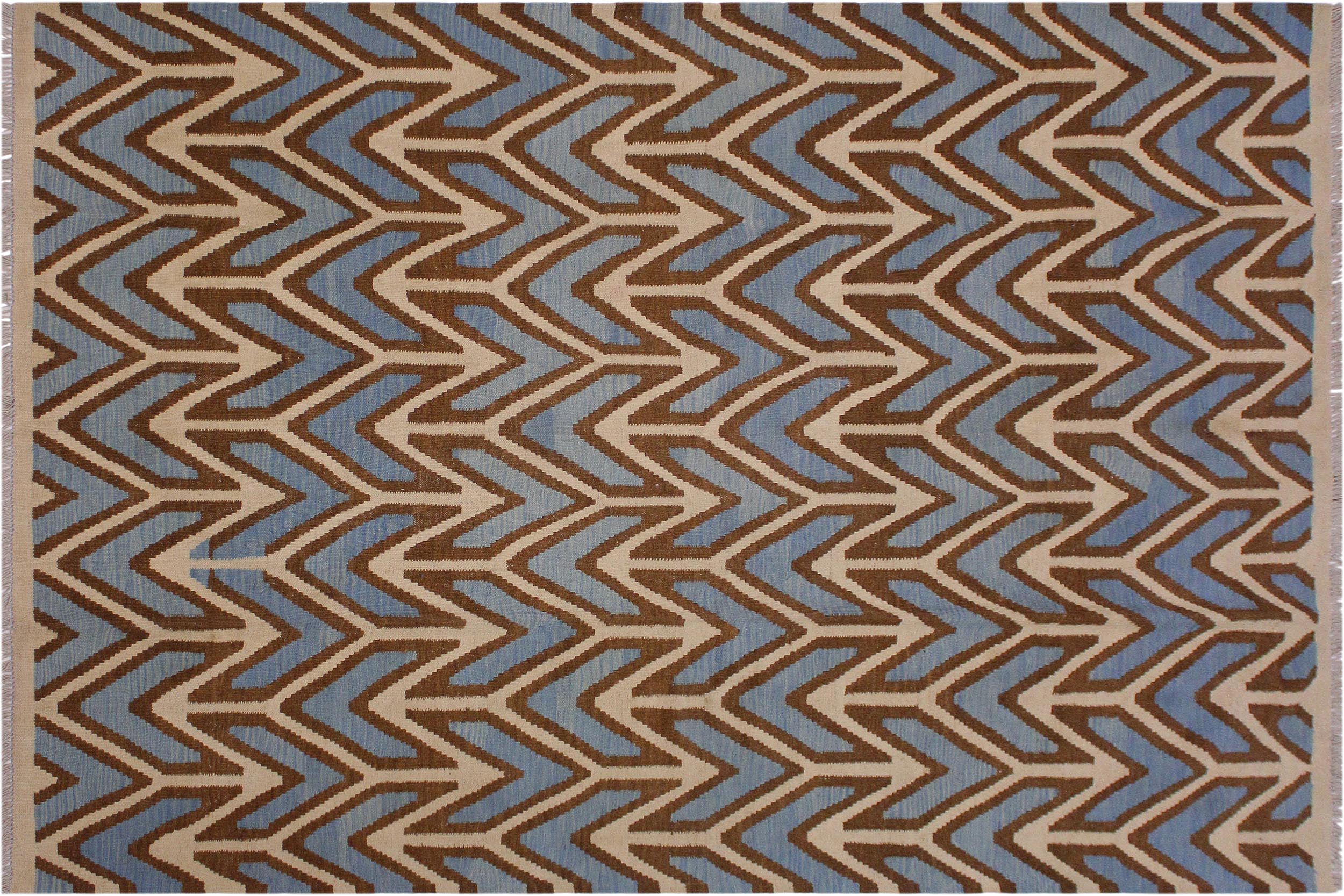 handmade Modern Kilim Ivory Blue Hand-Woven RECTANGLE 100% WOOL area rug 6x8