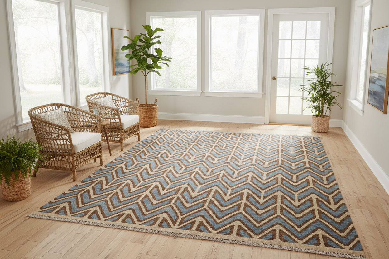 handmade Modern Kilim Ivory Blue Hand-Woven RECTANGLE 100% WOOL area rug 6x8