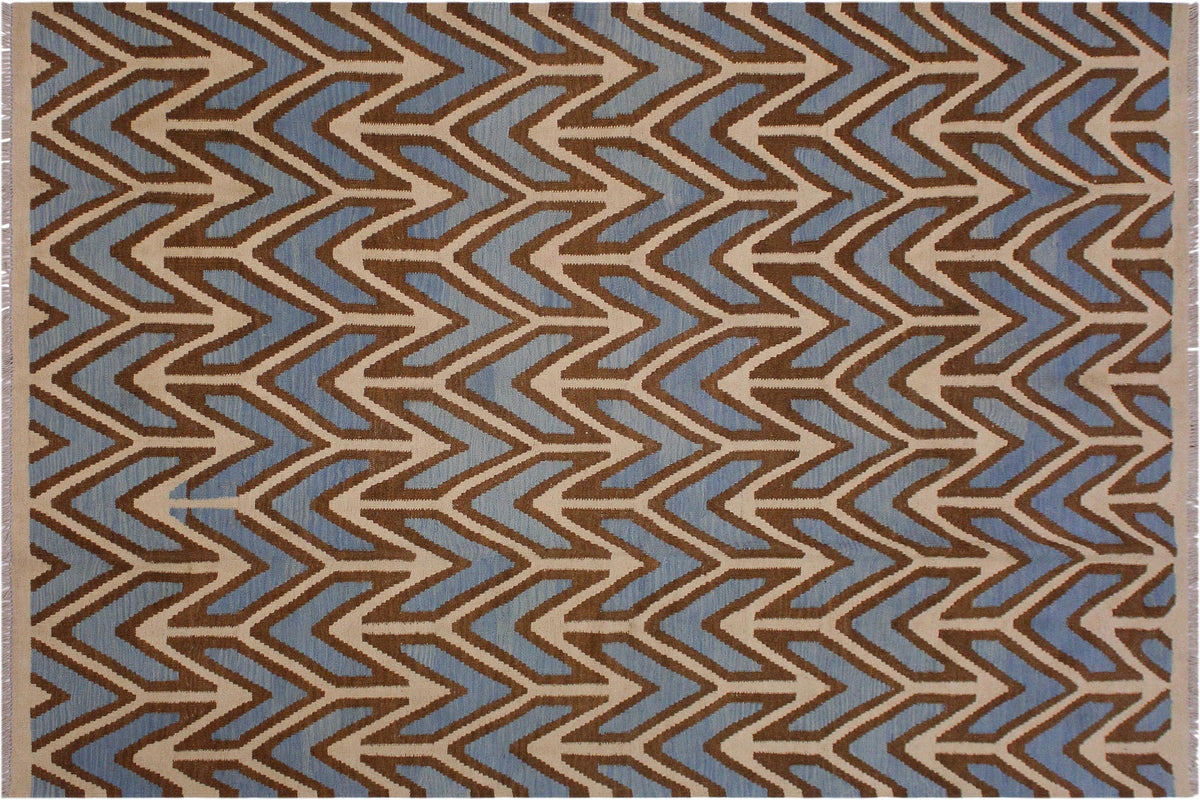 handmade Modern Kilim Ivory Blue Hand-Woven RECTANGLE 100% WOOL area rug 6x8