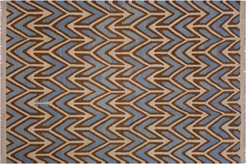 handmade Modern Kilim Ivory Blue Hand-Woven RECTANGLE 100% WOOL area rug 6x8
