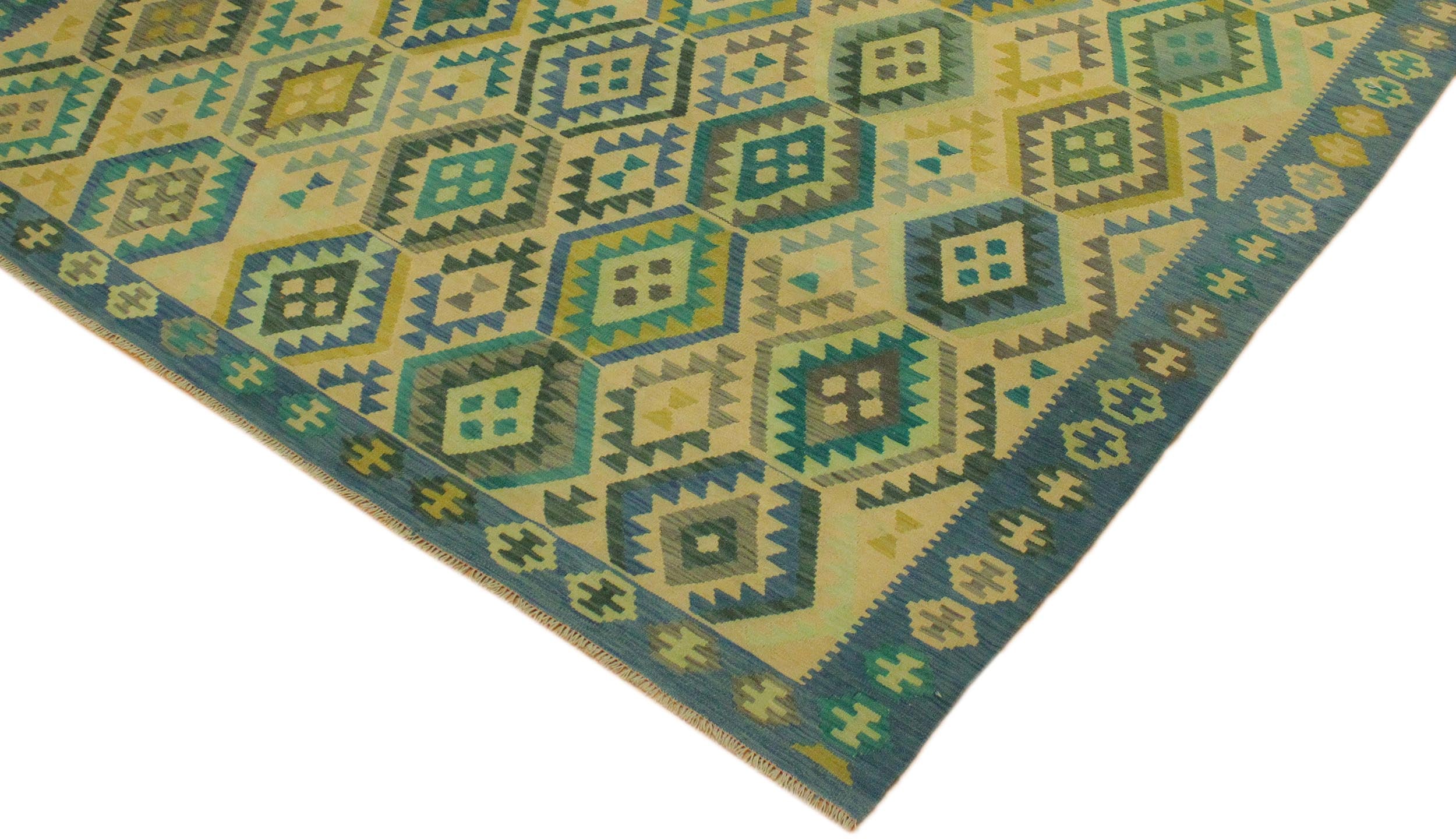 handmade Geometric Kilim Blue Tan Hand-Woven RECTANGLE 100% WOOL area rug 8 x 11