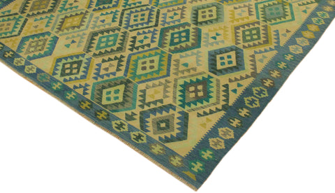 handmade Geometric Kilim Blue Tan Hand-Woven RECTANGLE 100% WOOL area rug 8 x 11