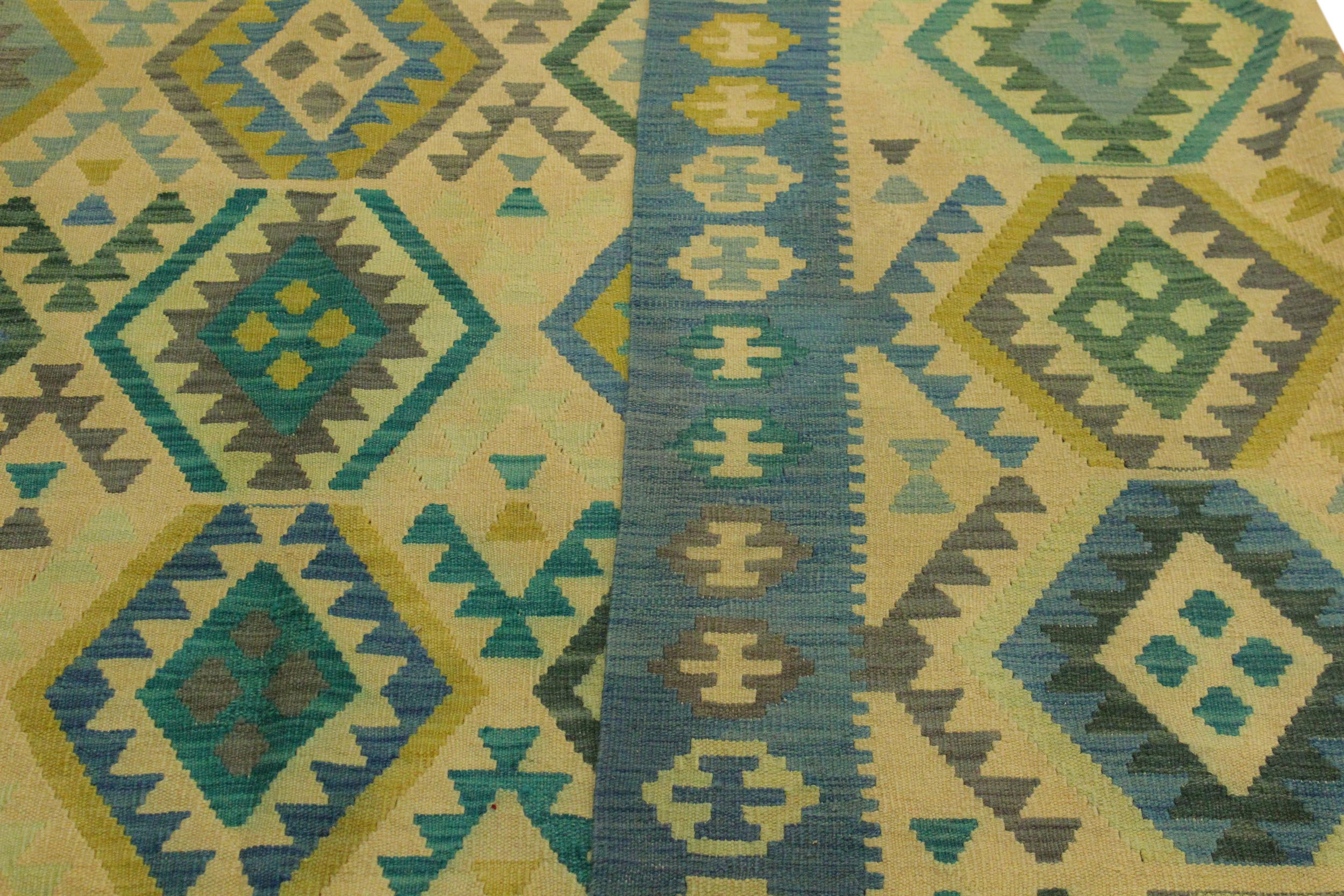 handmade Geometric Kilim Blue Tan Hand-Woven RECTANGLE 100% WOOL area rug 8 x 11