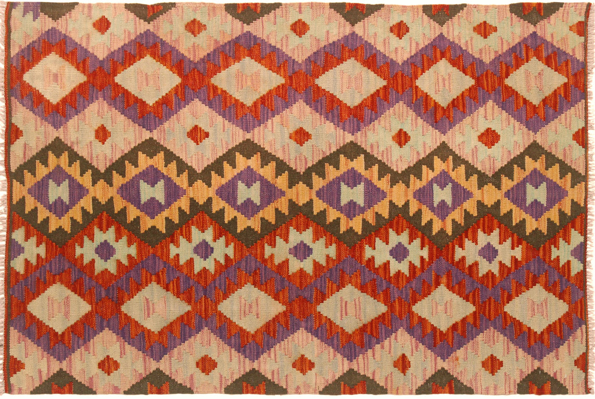 handmade Geometric Kilim Red Pink Hand-Woven RECTANGLE 100% WOOL area rug 3 x 5