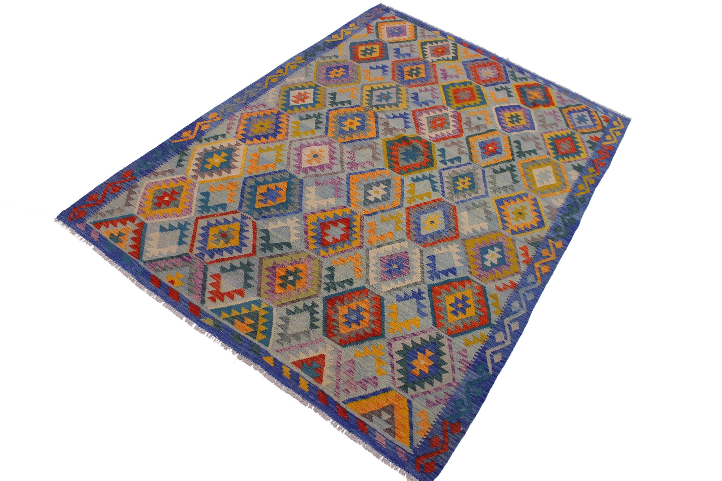 handmade Geometric Kilim Lt. Blue Teal Hand-Woven RECTANGLE 100% WOOL area rug 7 x 10