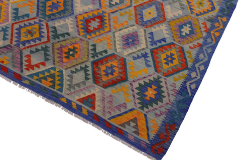 handmade Geometric Kilim Lt. Blue Teal Hand-Woven RECTANGLE 100% WOOL area rug 7 x 10