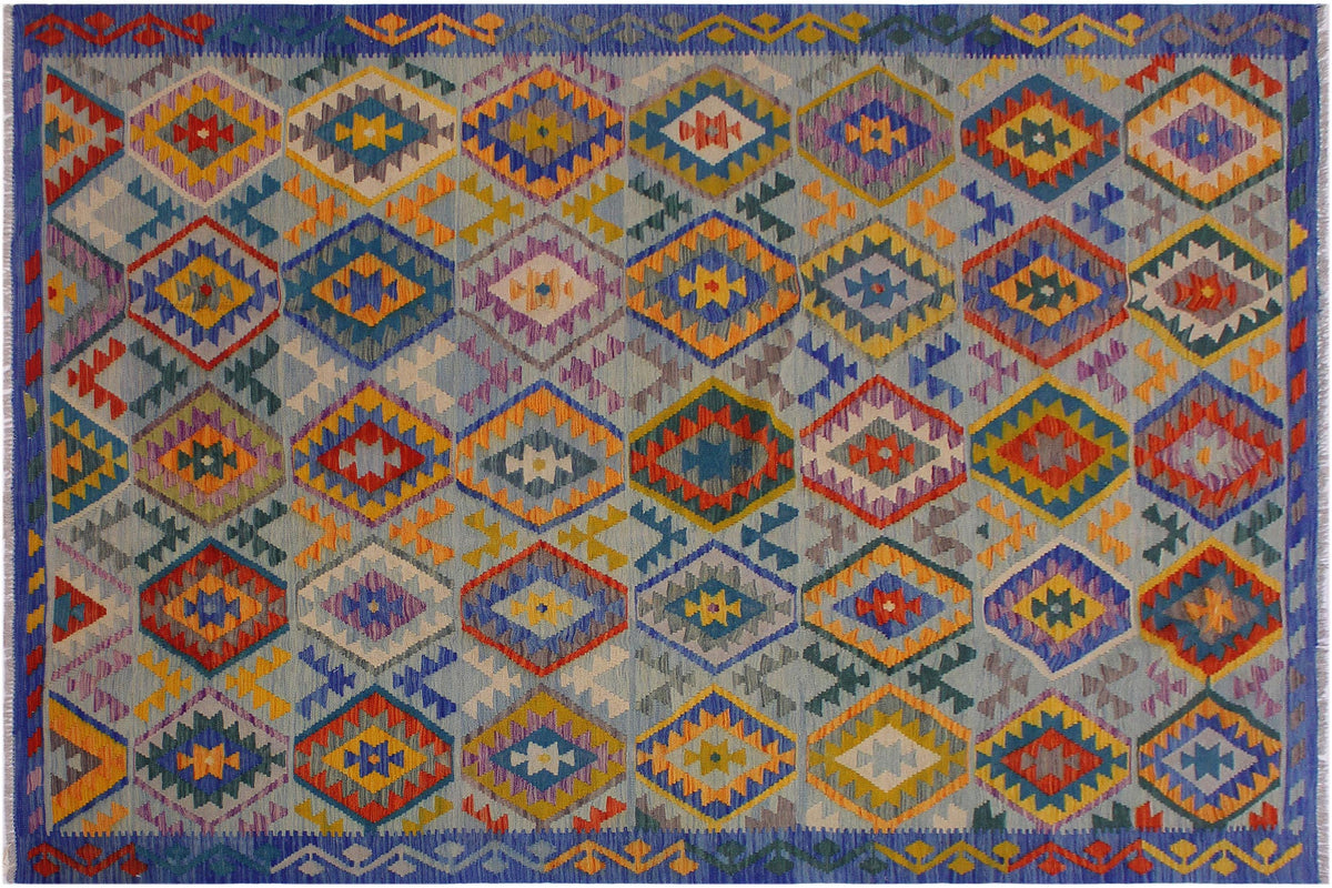 handmade Geometric Kilim Lt. Blue Teal Hand-Woven RECTANGLE 100% WOOL area rug 7 x 10