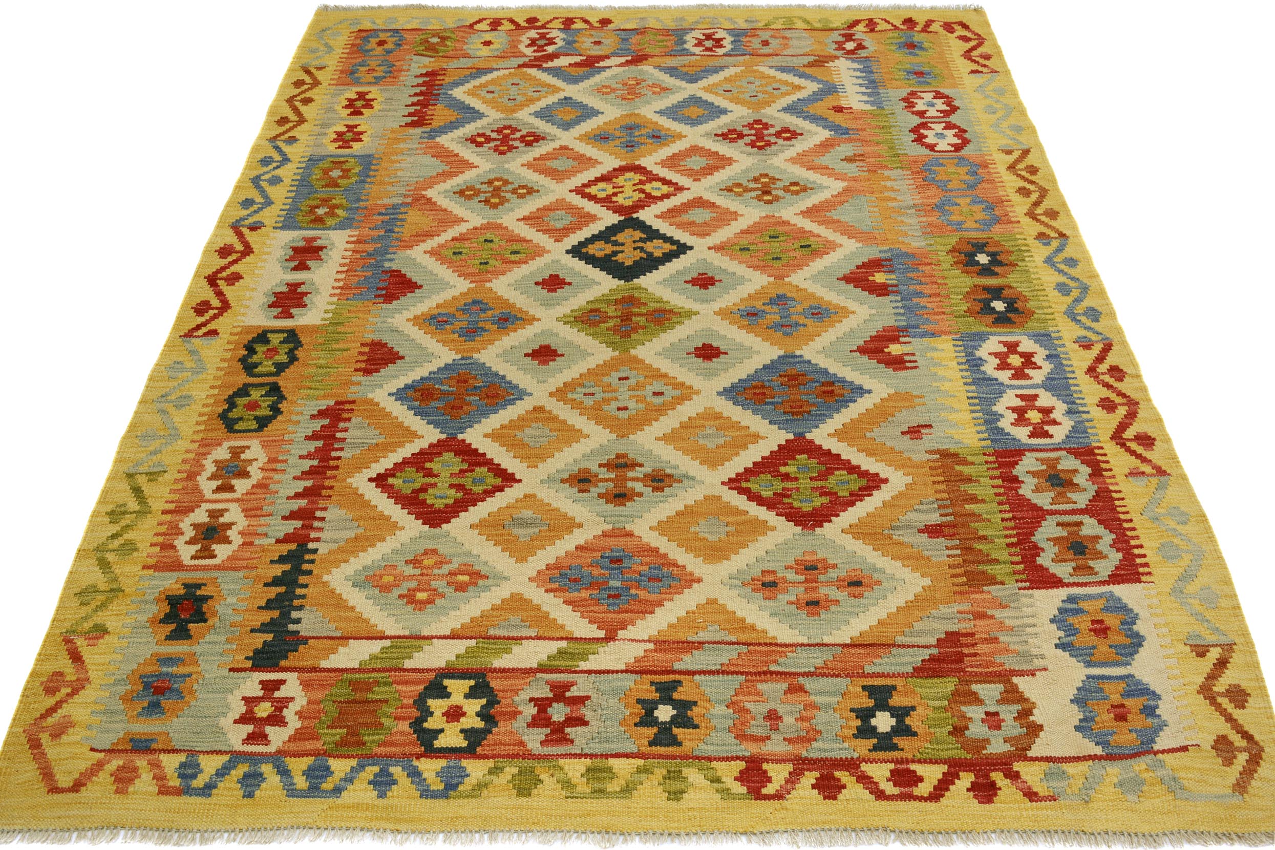 handmade Geometric Kilim Ivory Gold Hand-Woven RECTANGLE 100% WOOL area rug 5x6