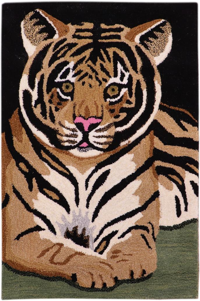 handmade Contemporary Leopard Black Tan Hand Tufted  100% WOOL area rug 2'X3'