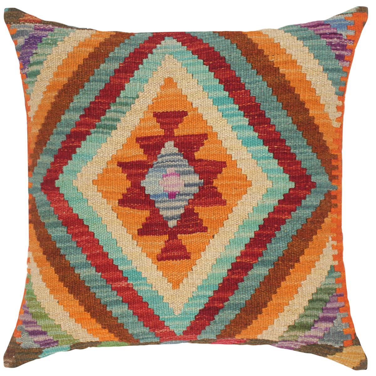 handmade Traditional Pillow Rust Blue Hand-Woven SQUARE 100% WOOL kilim throw pillow