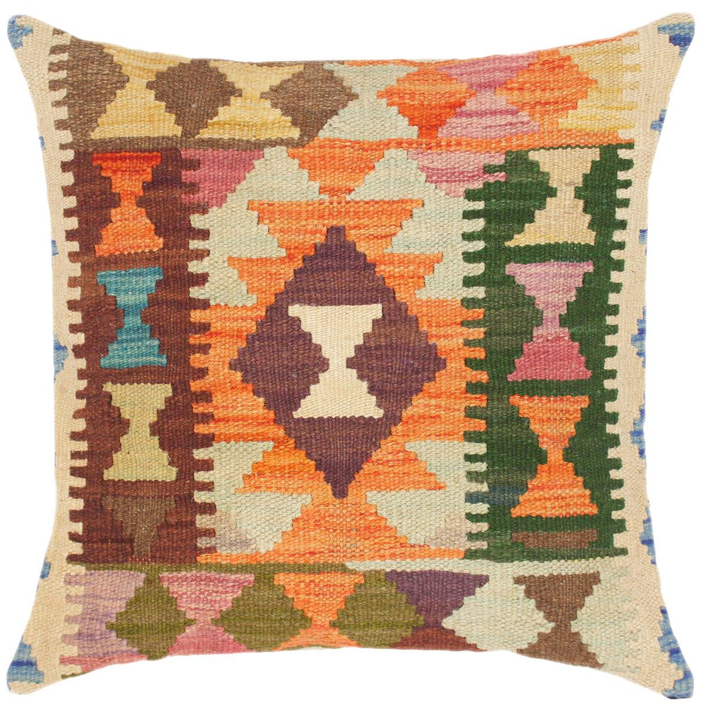 handmade Traditional Pillow Orange Blue Hand-Woven SQUARE 100% WOOL kilim throw pillow